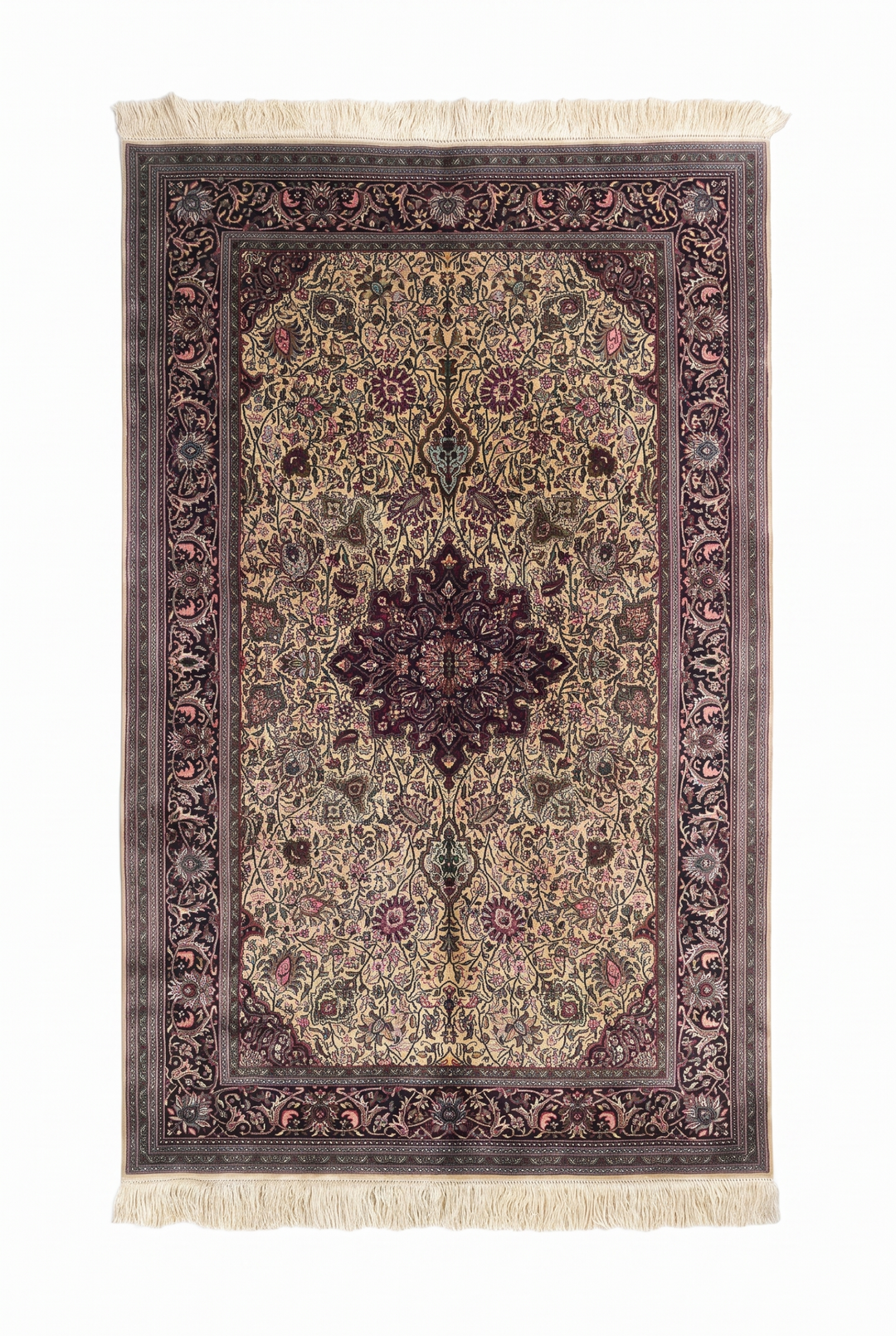 Gold and Deep Plum Shah Abbasi Medallion, Hand-Knotted Silk Rug