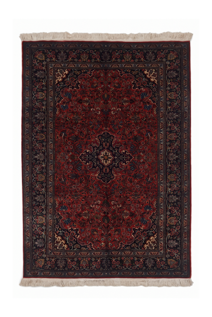 Deep Red and Navy Cloudband Medallion, Hand-Knotted Silk Rug