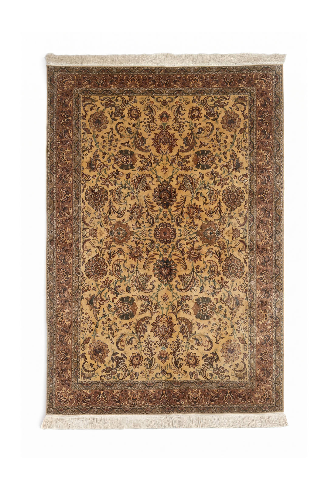 Gold and Brown Afshan All-Over Floral, Hand-Knotted Silk Rug