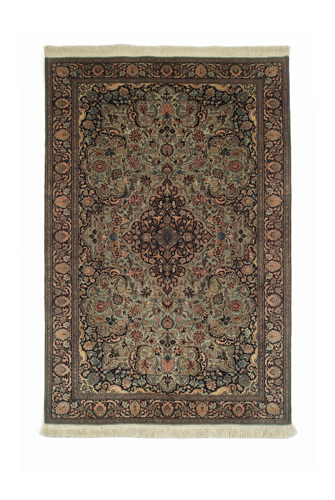 Sage Green and Black Arabesque Medallion, Hand-Knotted Silk Rug