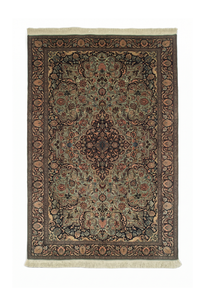 Sage Green and Black Arabesque Medallion, Hand-Knotted Silk Rug