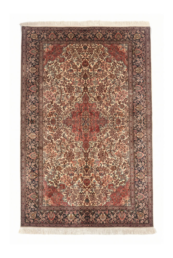 Ivory and Rust Floral Medallion, Hand-Knotted Silk Rug