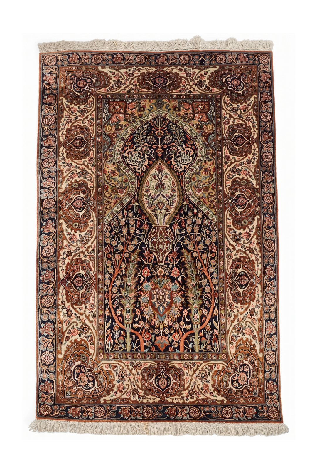 Black and Beige Mihrab Prayer Design, Hand-Knotted Silk Rug