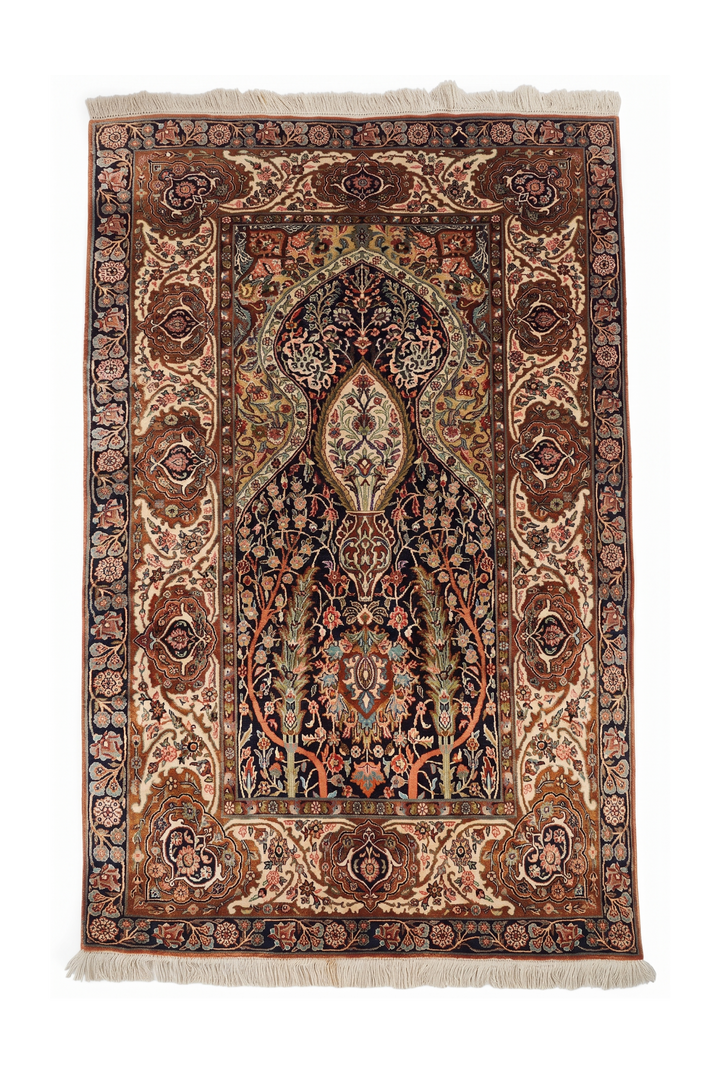 Black and Beige Mihrab Prayer Design, Hand-Knotted Silk Rug