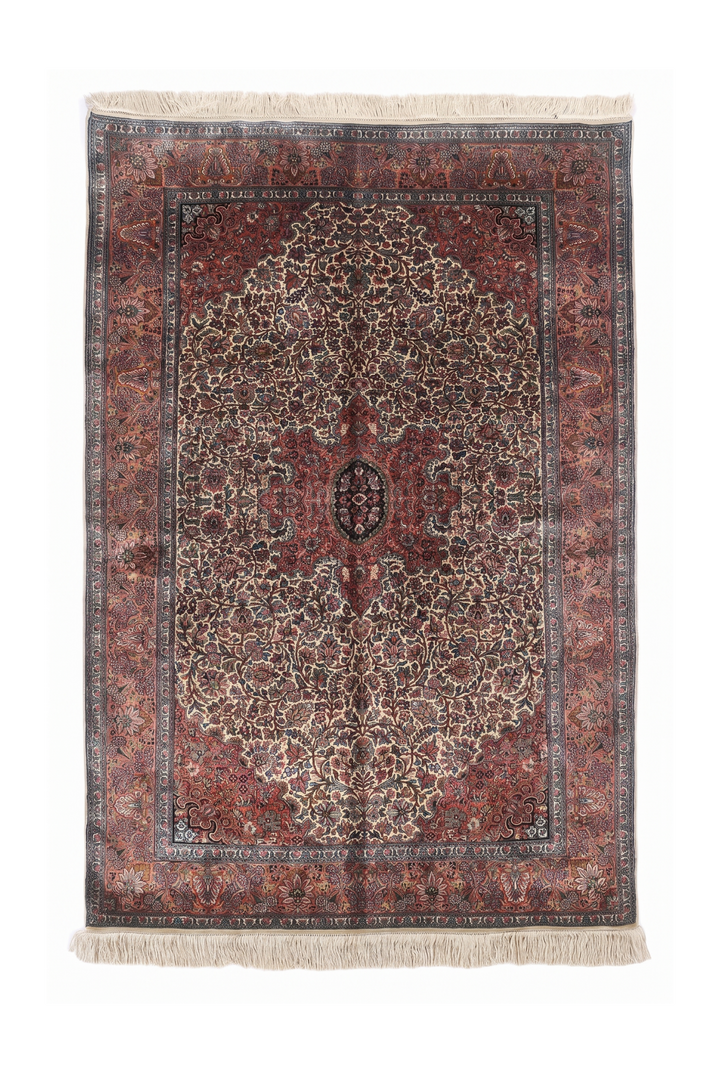 Cream and Rust Lobed Medallion, Hand-Knotted Silk Rug