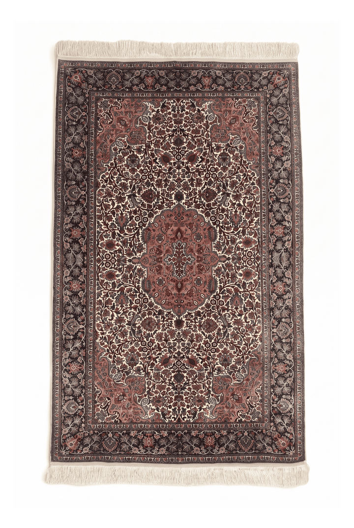 Ivory and Rust Rosette Medallion, Hand-Knotted Silk Rug