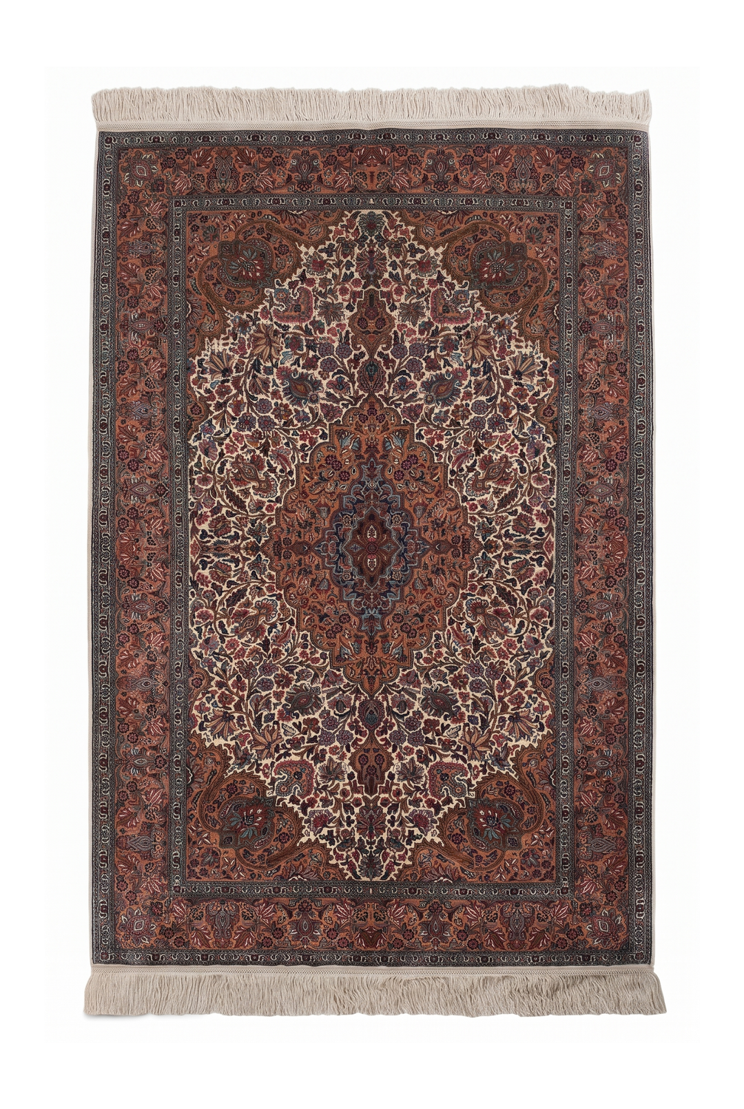 Cream and Brown Boteh Medallion, Hand-Knotted Silk Rug