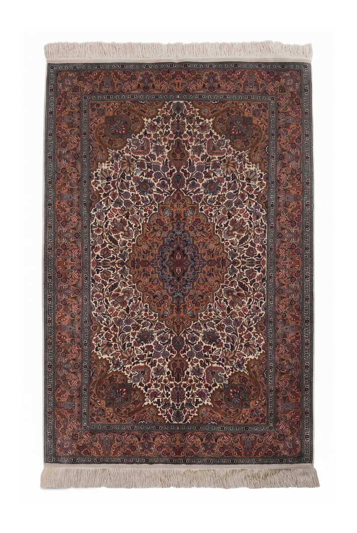 Cream and Brown Boteh Medallion, Hand-Knotted Silk Rug