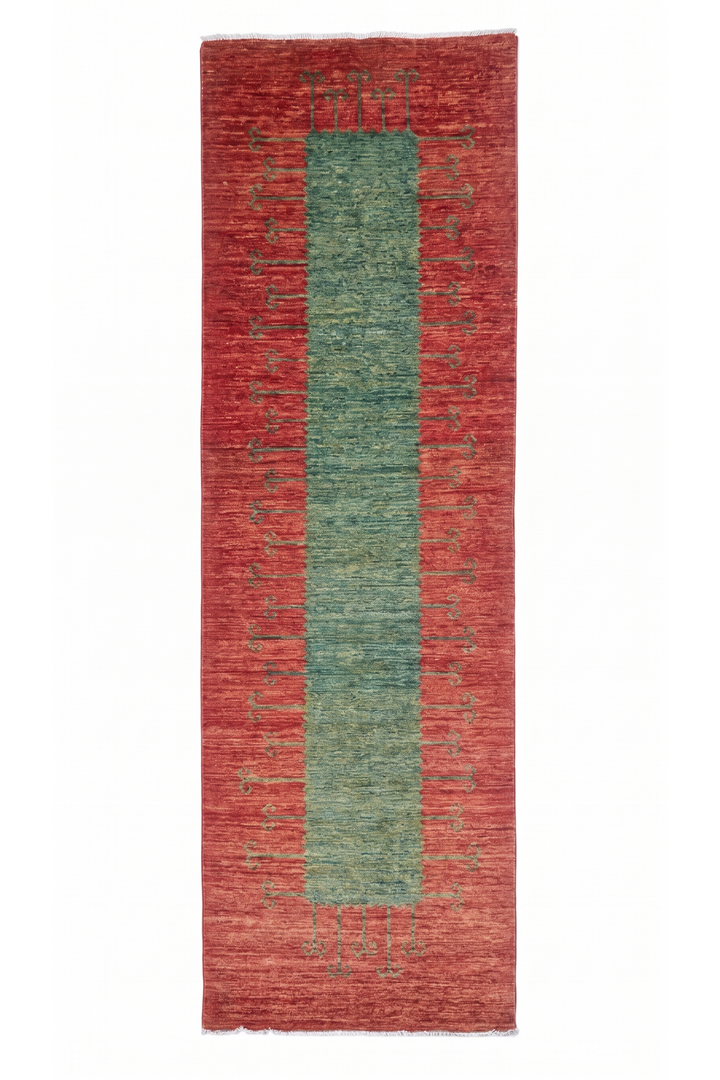 Terracotta Red and Green Panel Gabbeh, Hand-Knotted Wool Rug