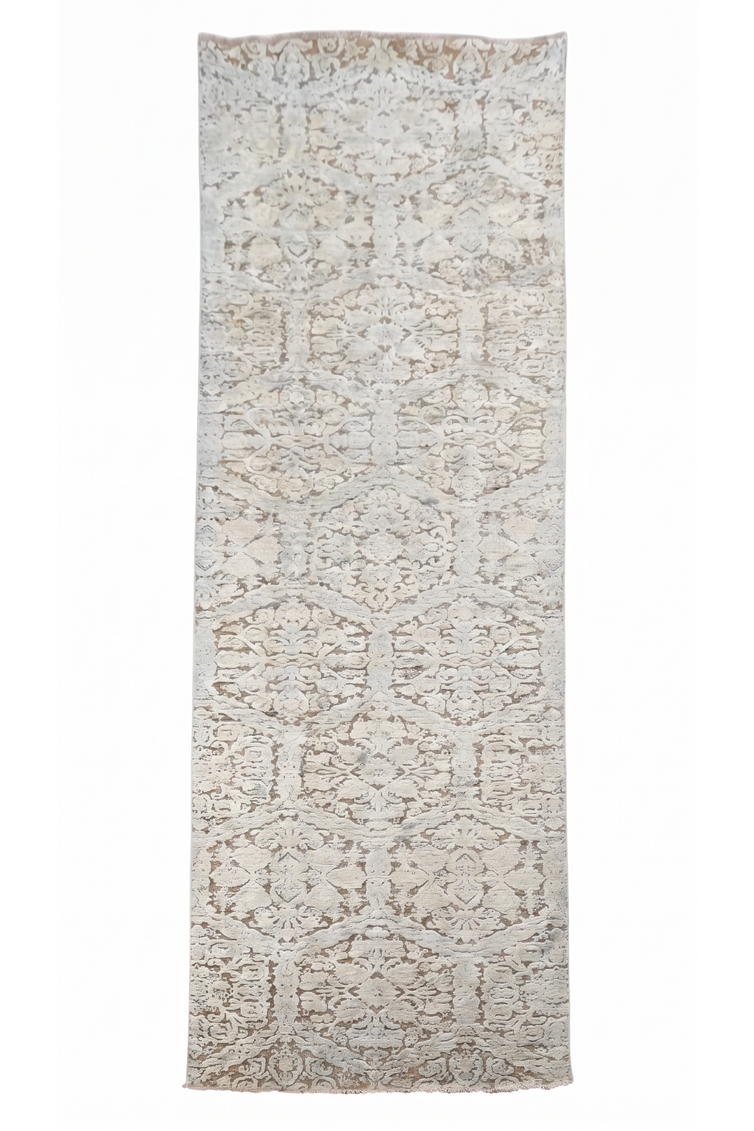Ivory and Taupe Damask Lattice, Hand-Knotted Wool and Silk Rug