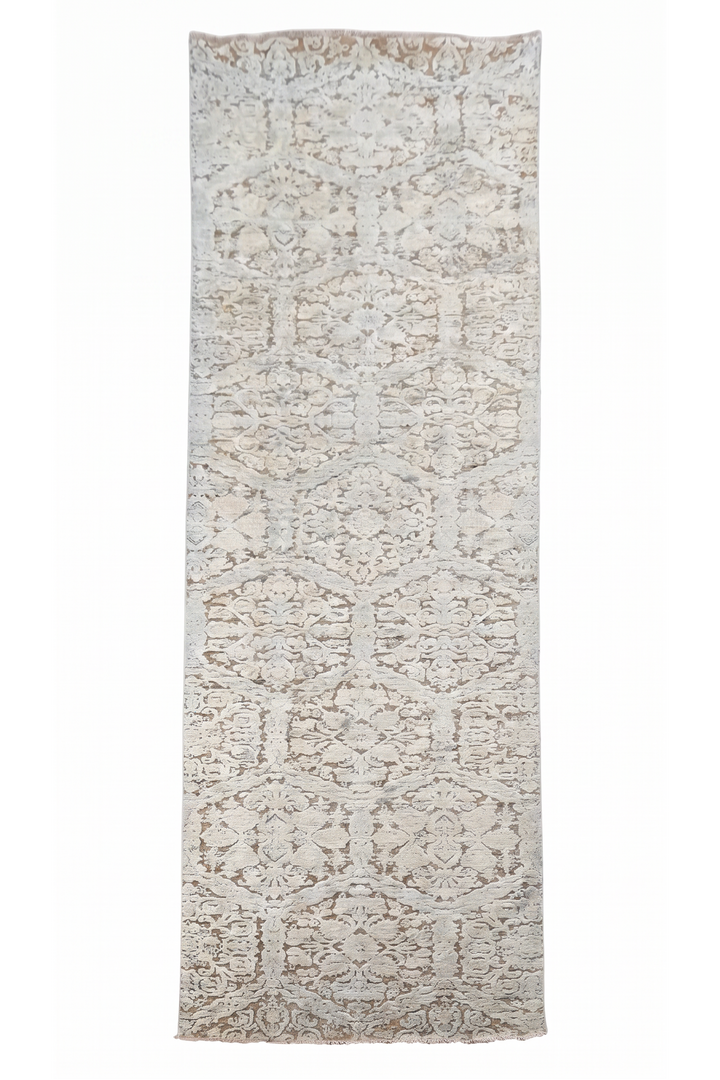 Ivory and Taupe Damask Lattice, Hand-Knotted Wool and Silk Rug