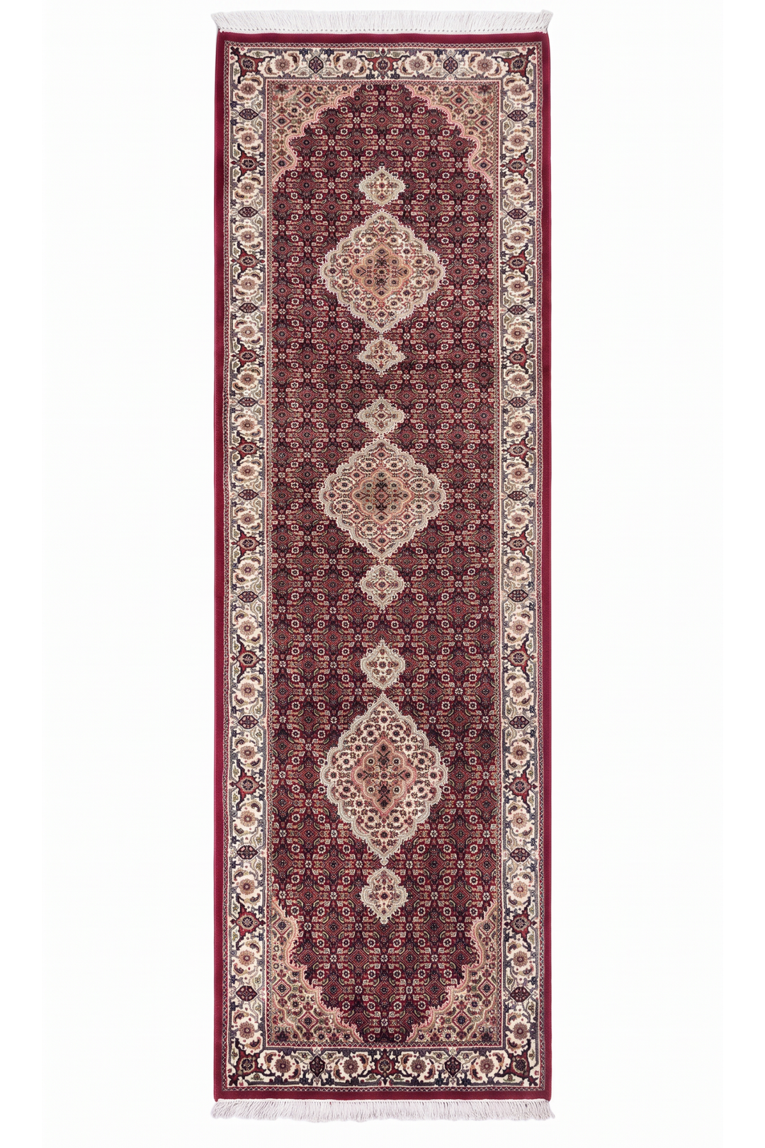 Deep Red and Ivory Mahi Medallion Tabriz, Hand-Knotted Wool Rug
