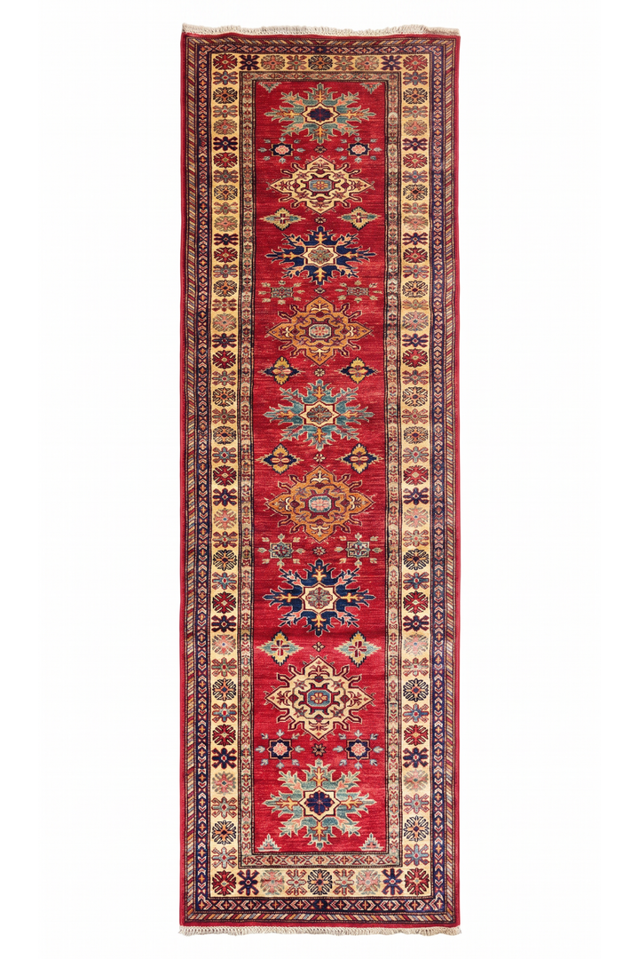 Red and Cream Serrated Star Kazak, Hand-Knotted Wool Rug