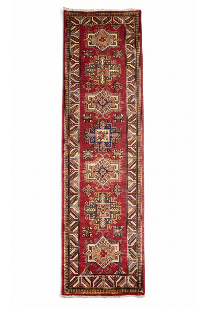 Deep Red and Cream Stepped Medallion Kazak, Hand-Knotted Wool Rug