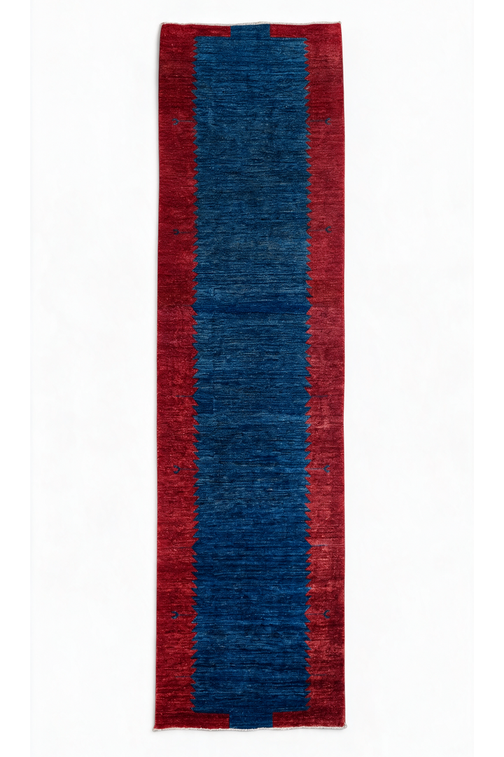 Wine Red and Royal Blue Sawtooth Gabbeh, Hand-Knotted Wool Rug