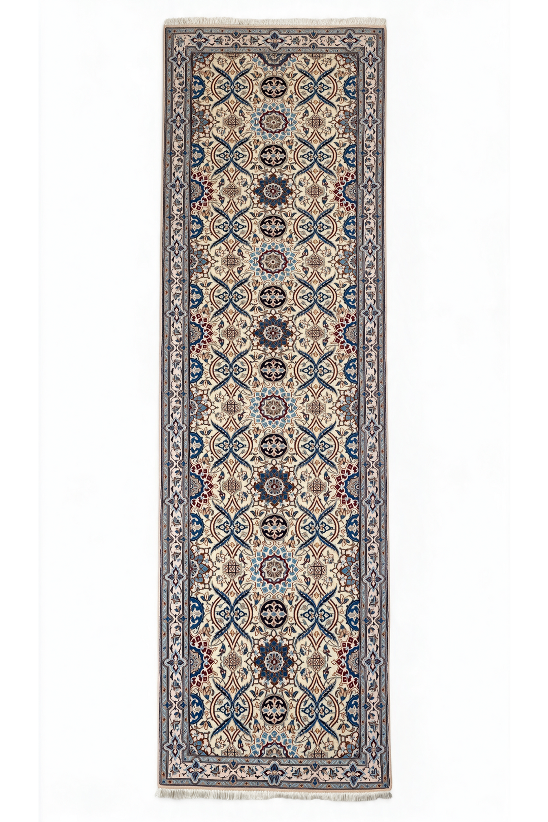 Ivory and Blue Lattice Medallion Nain, Hand-Knotted Wool Rug