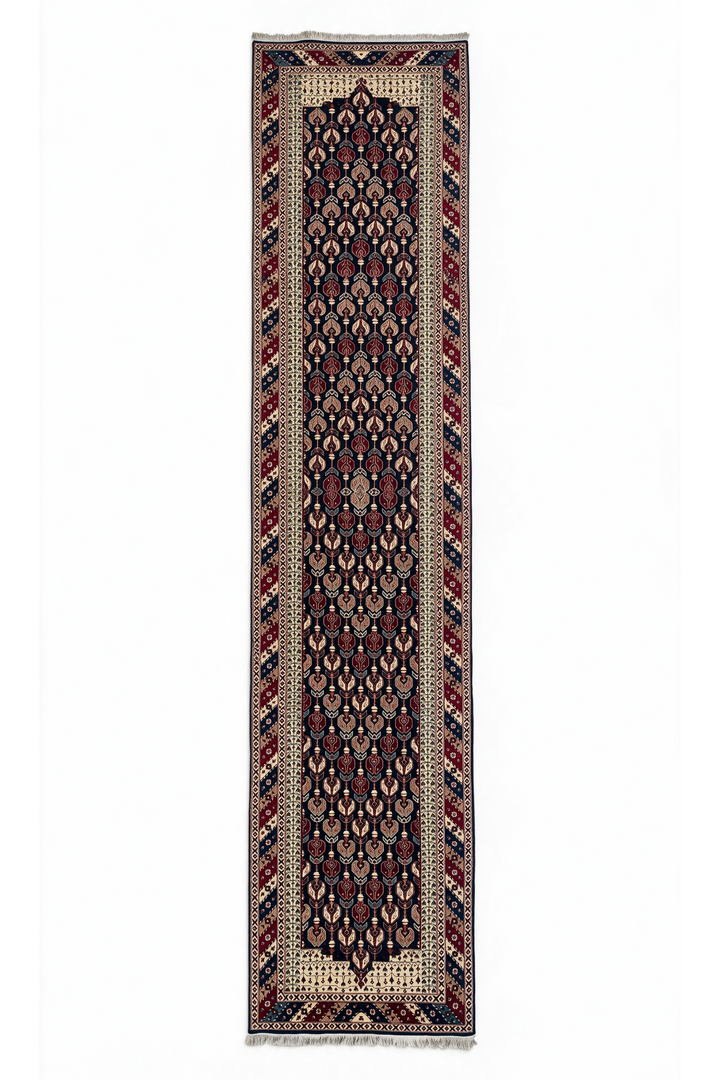 Navy and Cream Hereke Floral, Hand-Knotted Wool Rug