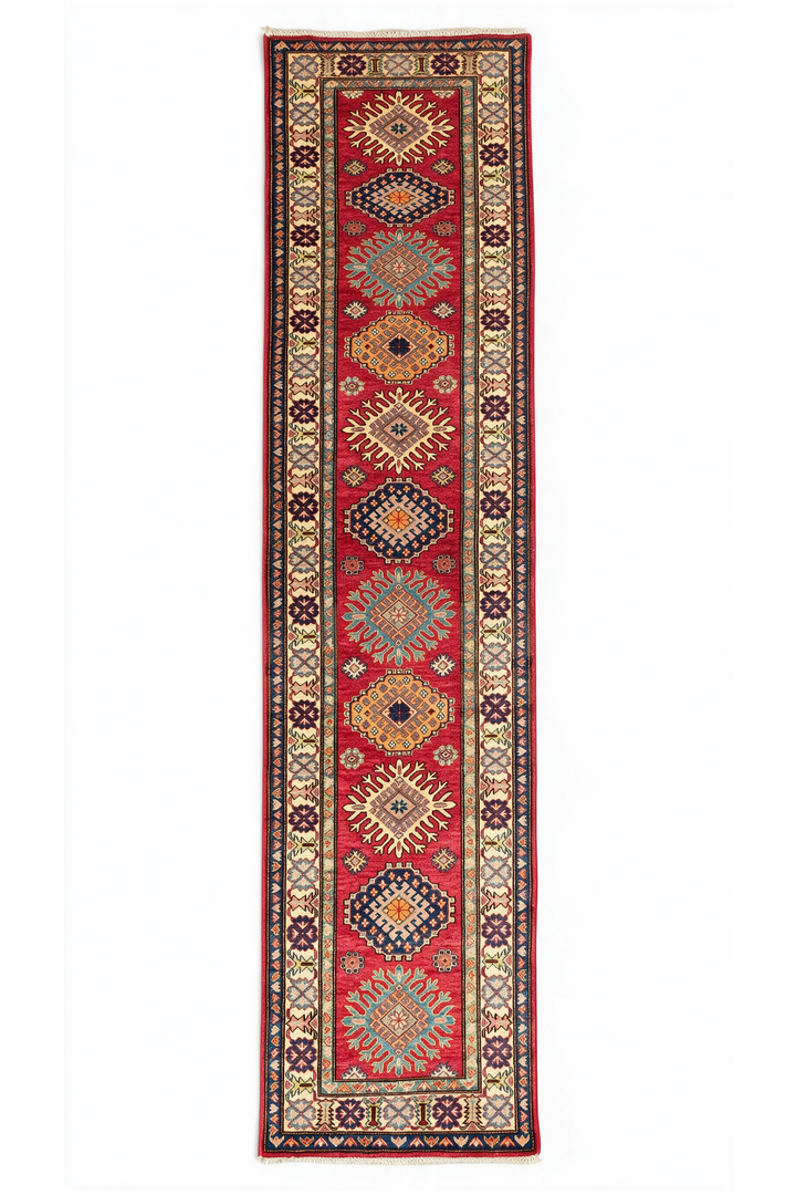 Cherry Red and Cream Starburst Medallion Kazak, Hand-Knotted Wool Rug