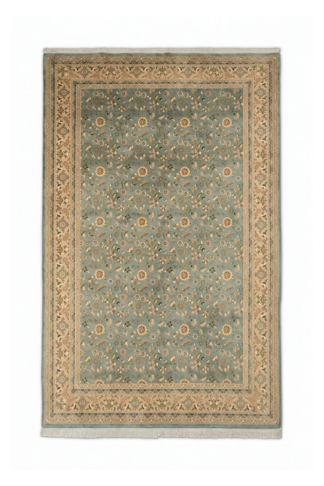 Sage Green and Gold Afshan All-Over Floral, Hand-Knotted Wool Rug