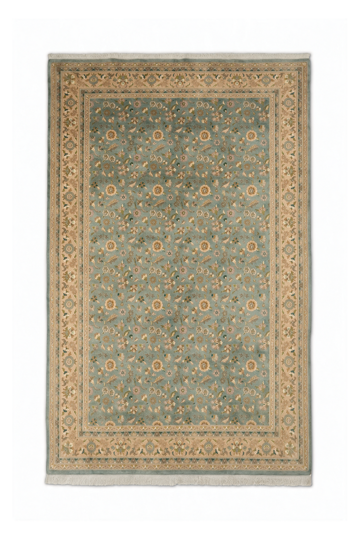 Sage Green and Gold Afshan All-Over Floral, Hand-Knotted Wool Rug