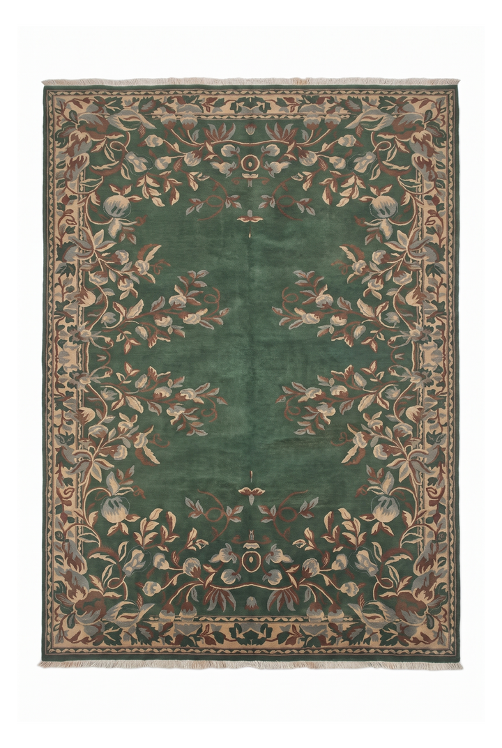 Green and Camel Gol Farang Floral, Hand-Knotted Wool Rug