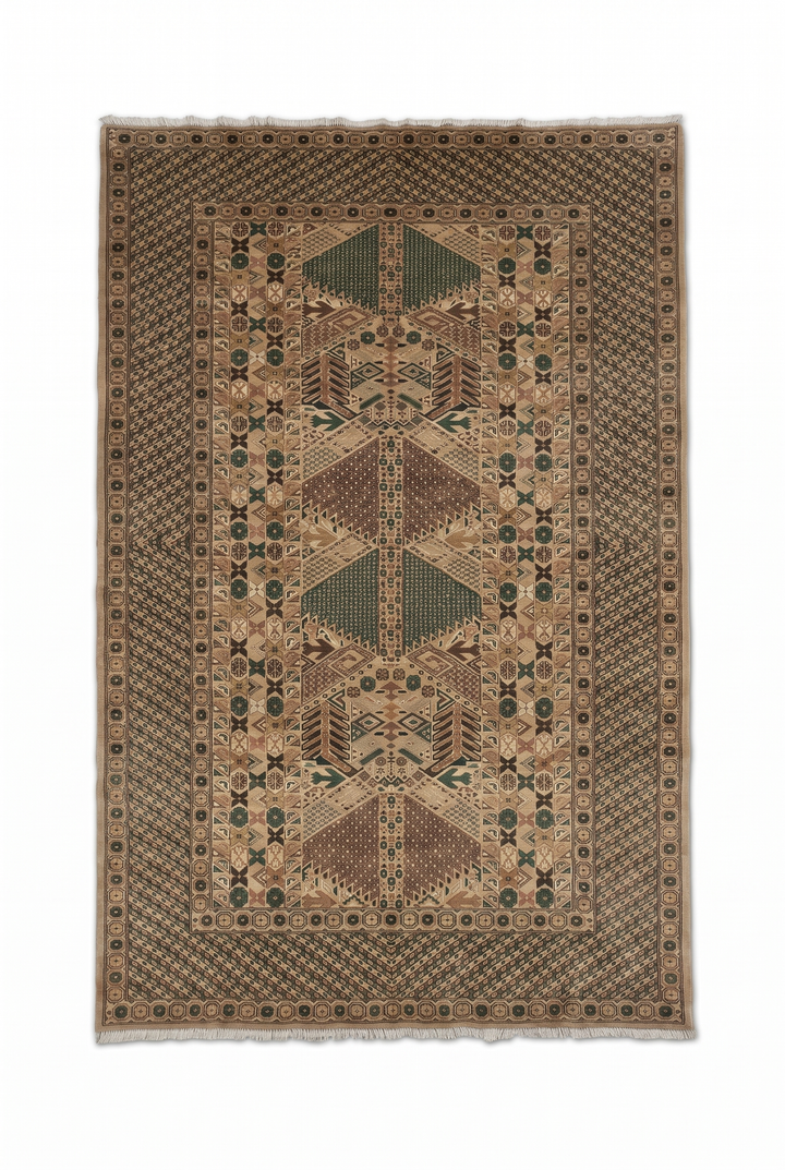 Camel and Green Turkmen Gül, Hand-Knotted Wool Rug