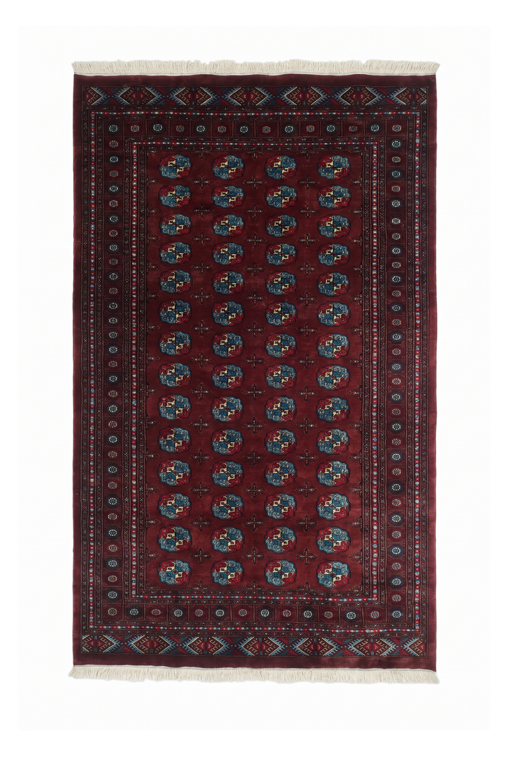 Oxblood and Blue Turkmen Gül Bokhara, Hand-Knotted Wool Rug