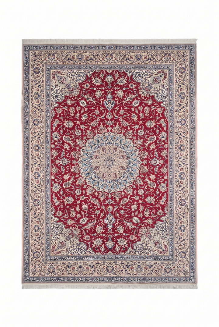 Red and Cream Medallion Nain Shesh La, Hand-Knotted Wool Rug