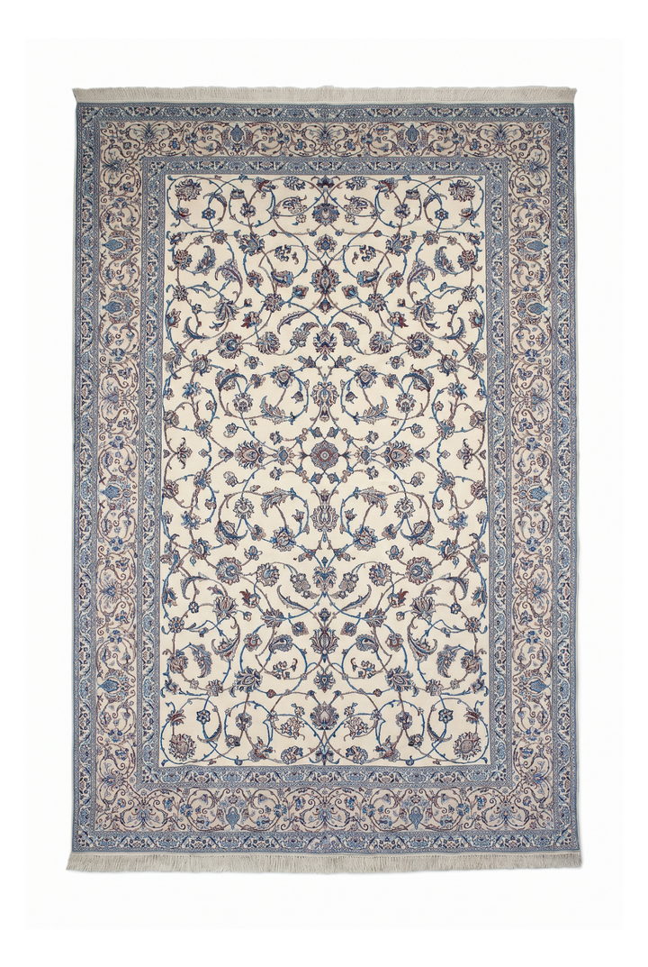 Ivory and Blue All-Over Arabesque Nain, Hand-Knotted Wool Rug