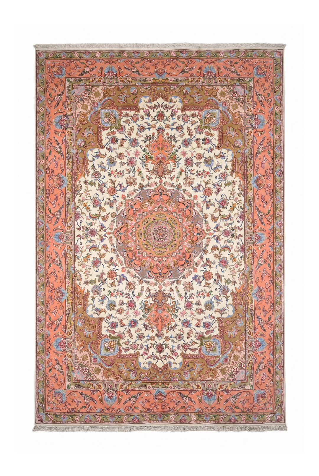 Ivory and Coral Radiating Medallion Tabriz, Hand-Knotted Wool Rug