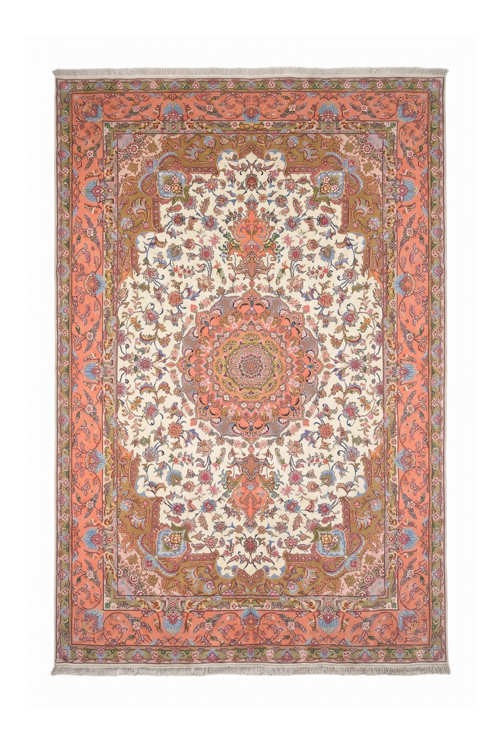Ivory and Coral Radiating Medallion Tabriz, Hand-Knotted Wool Rug
