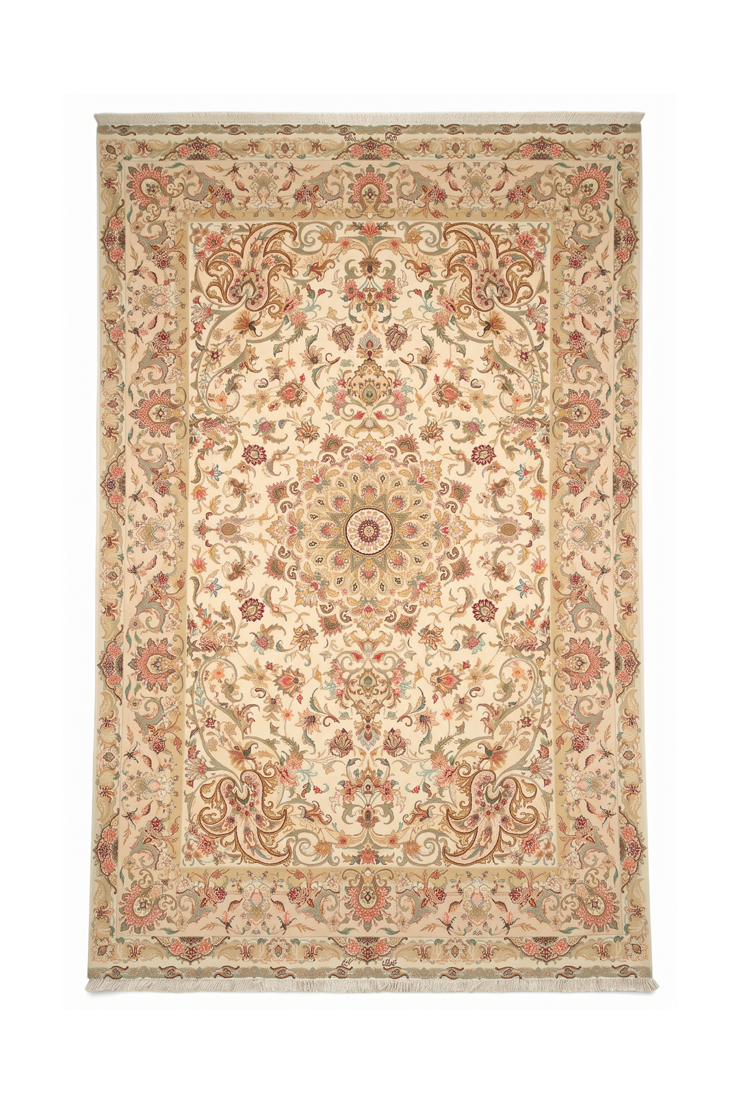 Cream and Gold Radiating Medallion Tabriz, Hand-Knotted Wool Rug