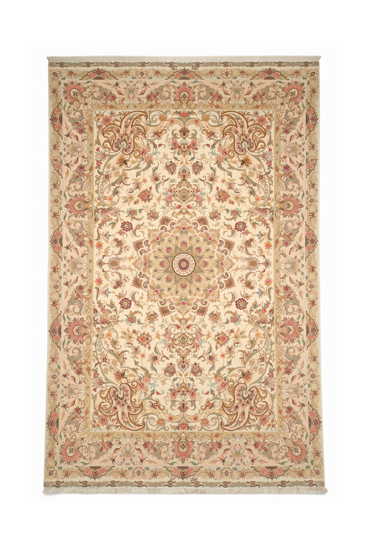 Cream and Gold Radiating Medallion Tabriz, Hand-Knotted Wool Rug