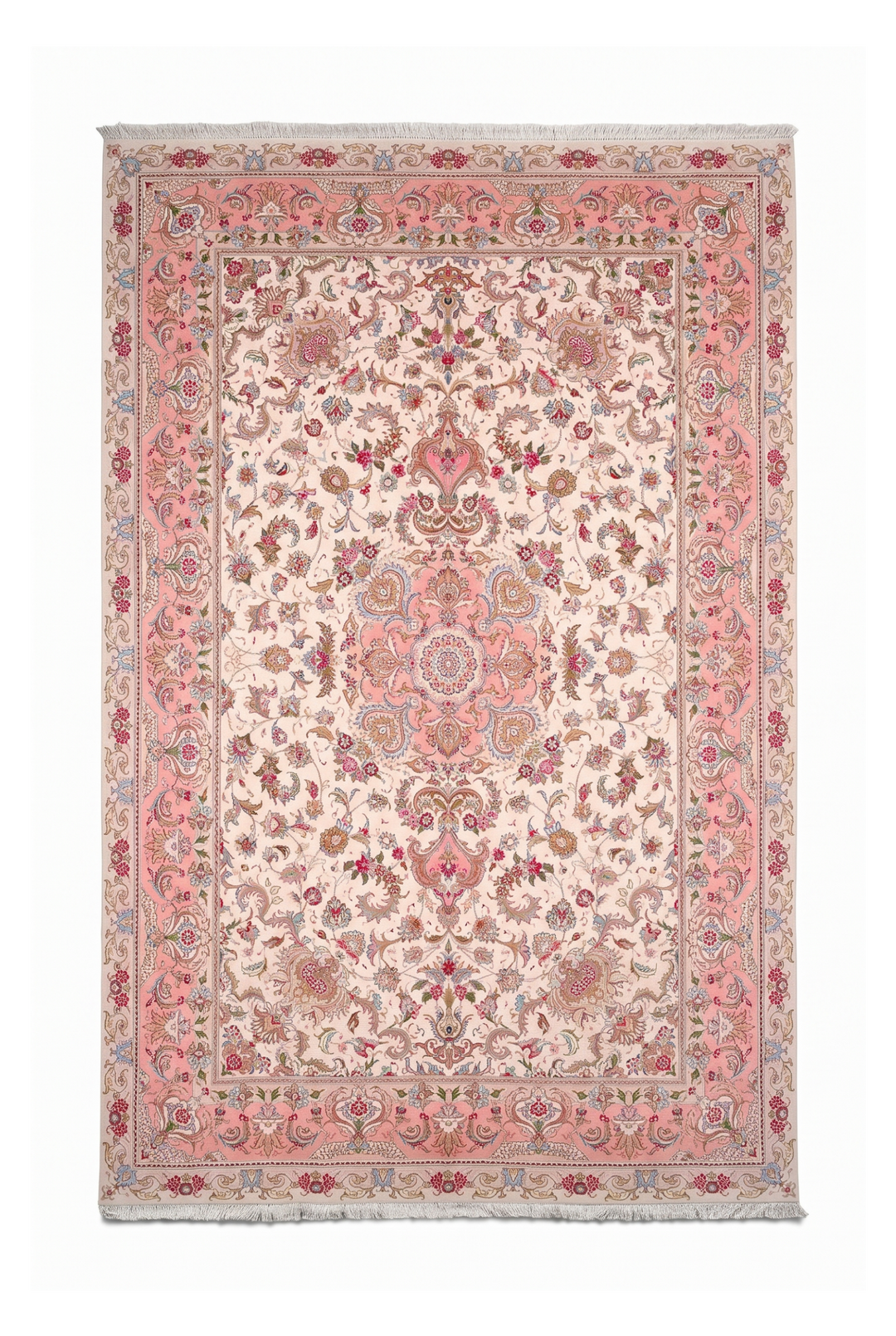 Cream and Rose Pink Medallion Tabriz, Hand-Knotted Wool Rug