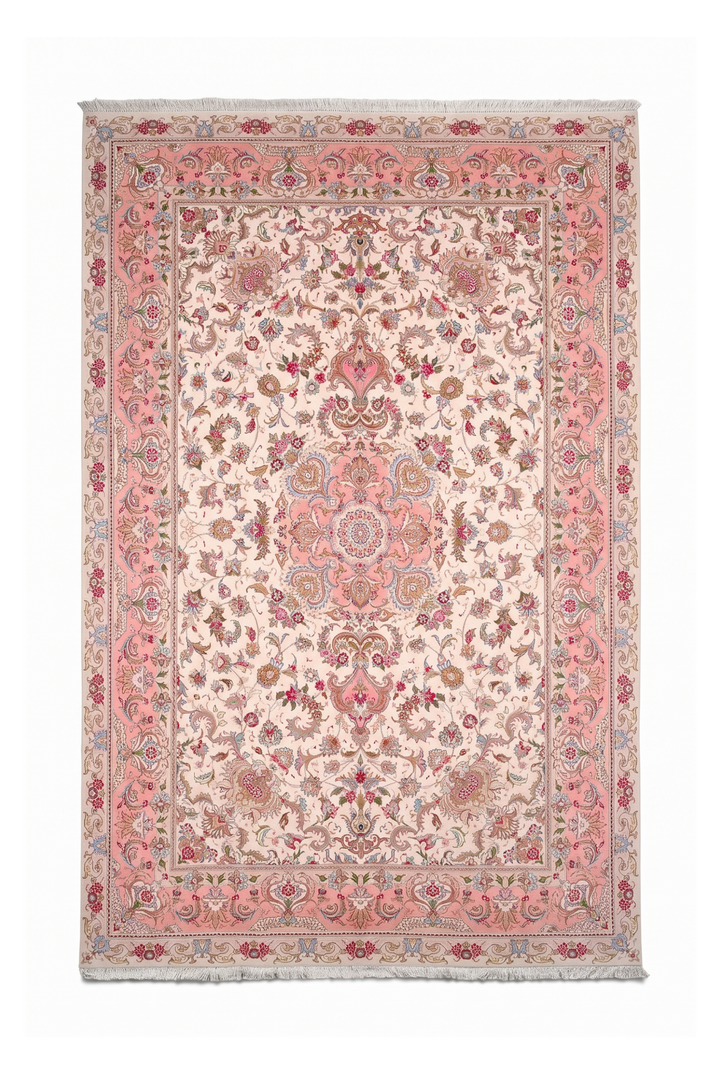 Cream and Rose Pink Medallion Tabriz, Hand-Knotted Wool Rug