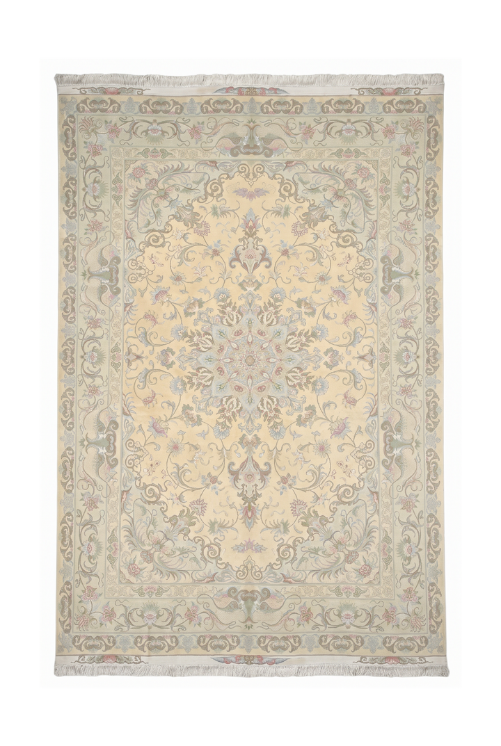 Cream and Soft Pink Medallion Tabriz, Hand-Knotted Wool Rug