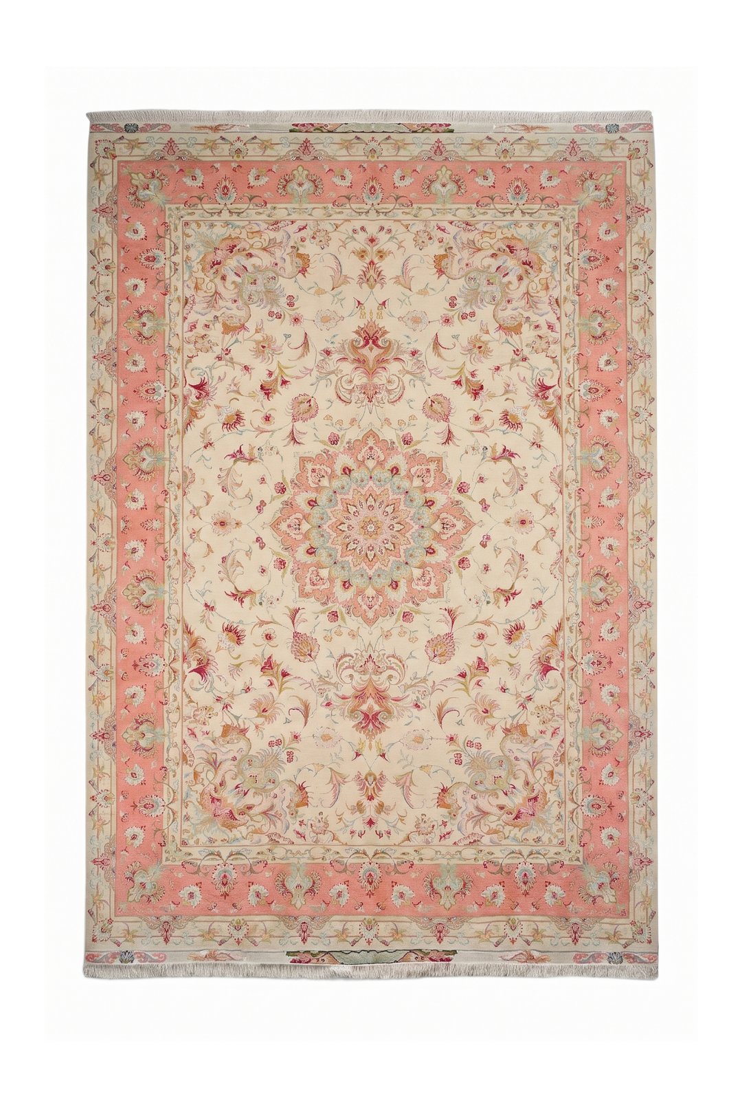 Cream and Coral Medallion Tabriz, Hand-Knotted Wool Rug