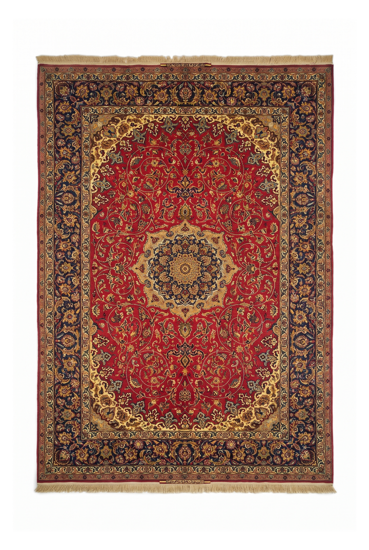 Crimson and Gold Medallion Sirafian Isfahan, Hand-Knotted Wool Rug
