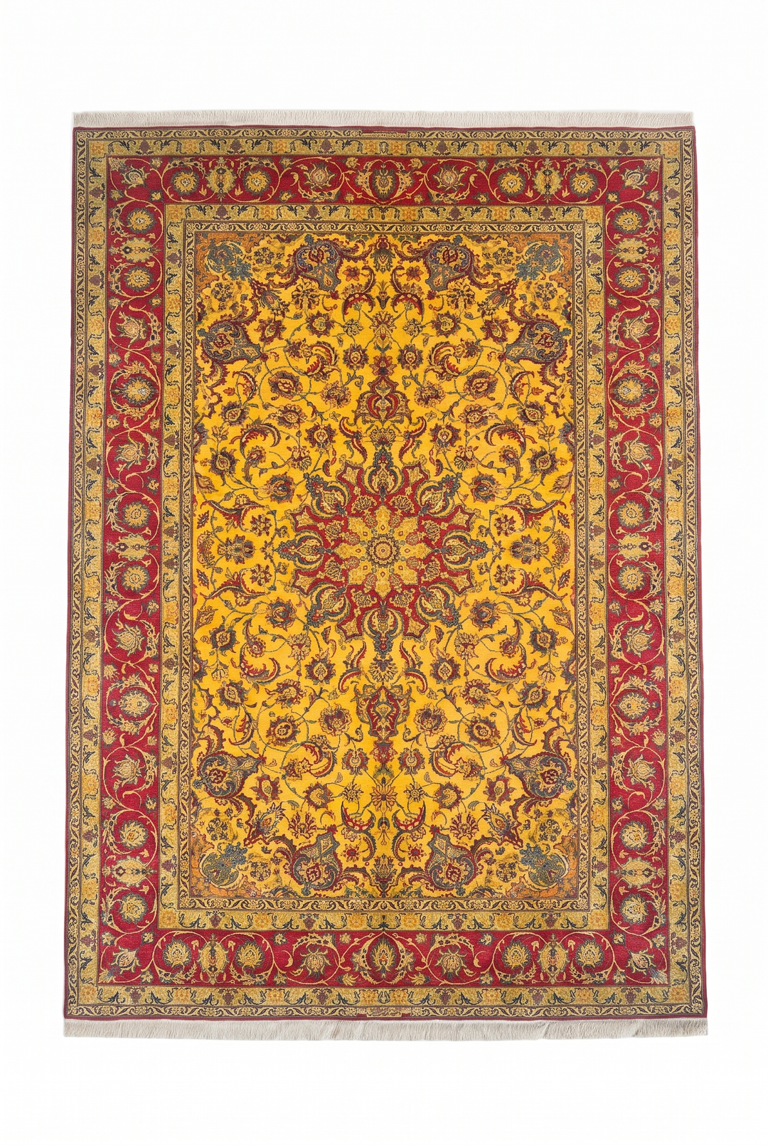 Gold and Crimson Star Medallion Isfahan, Hand-Knotted Wool Rug
