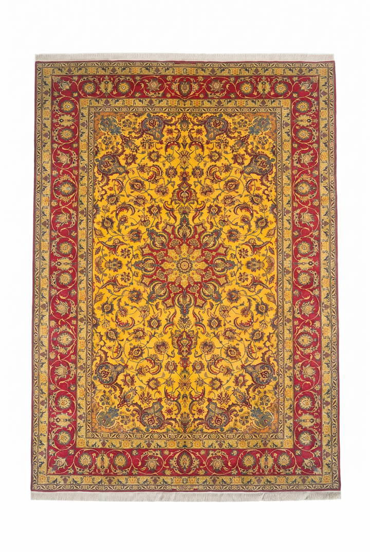 Gold and Crimson Star Medallion Isfahan, Hand-Knotted Wool Rug
