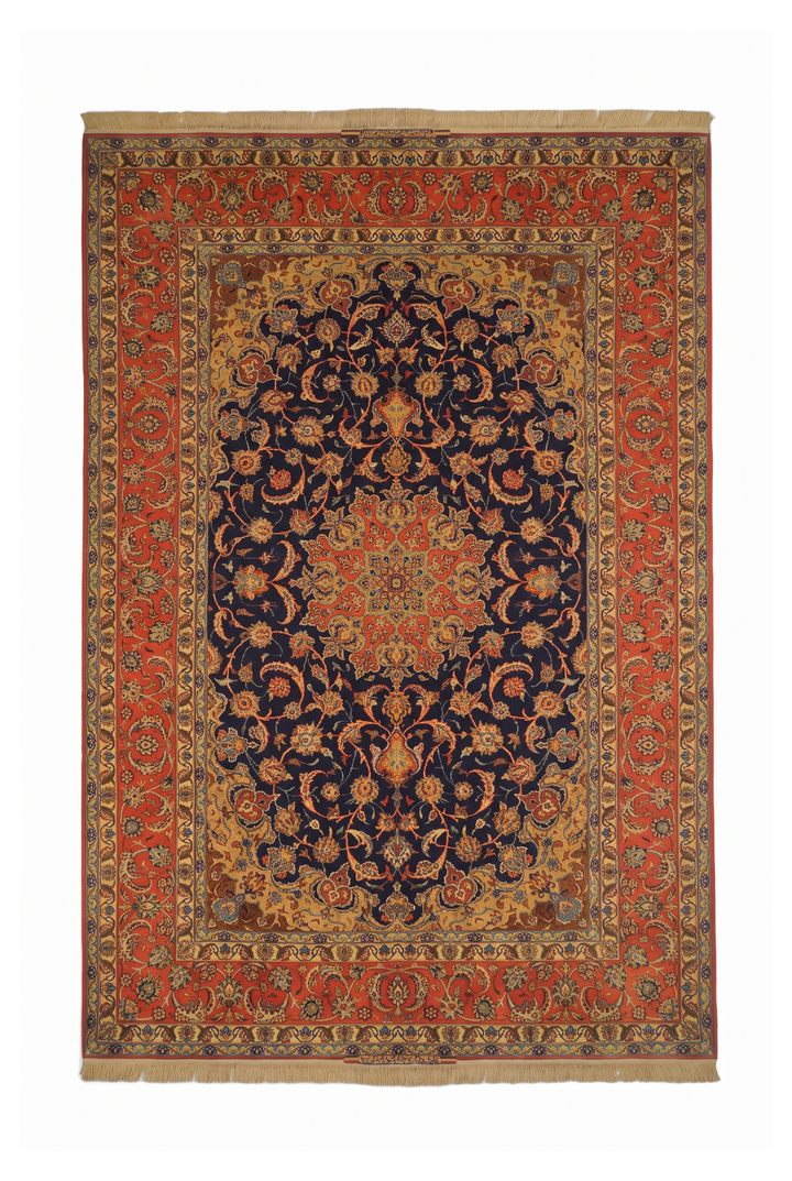 Indigo and Terracotta Medallion Sirafian Isfahan, Hand-Knotted Wool Rug