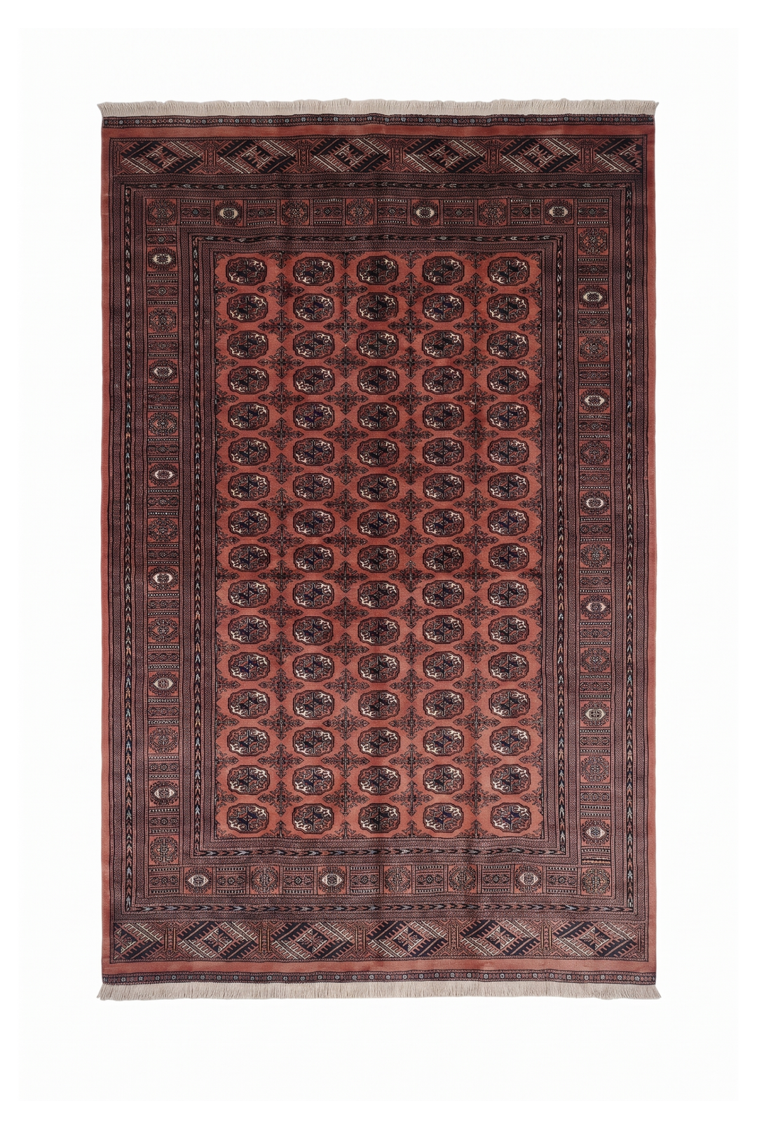 Terracotta and Espresso Turkmen Gül Bokhara, Hand-Knotted Wool Rug