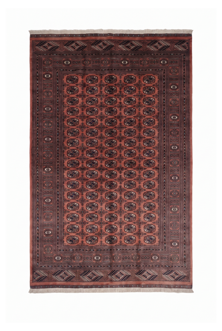 Terracotta and Espresso Turkmen Gül Bokhara, Hand-Knotted Wool Rug