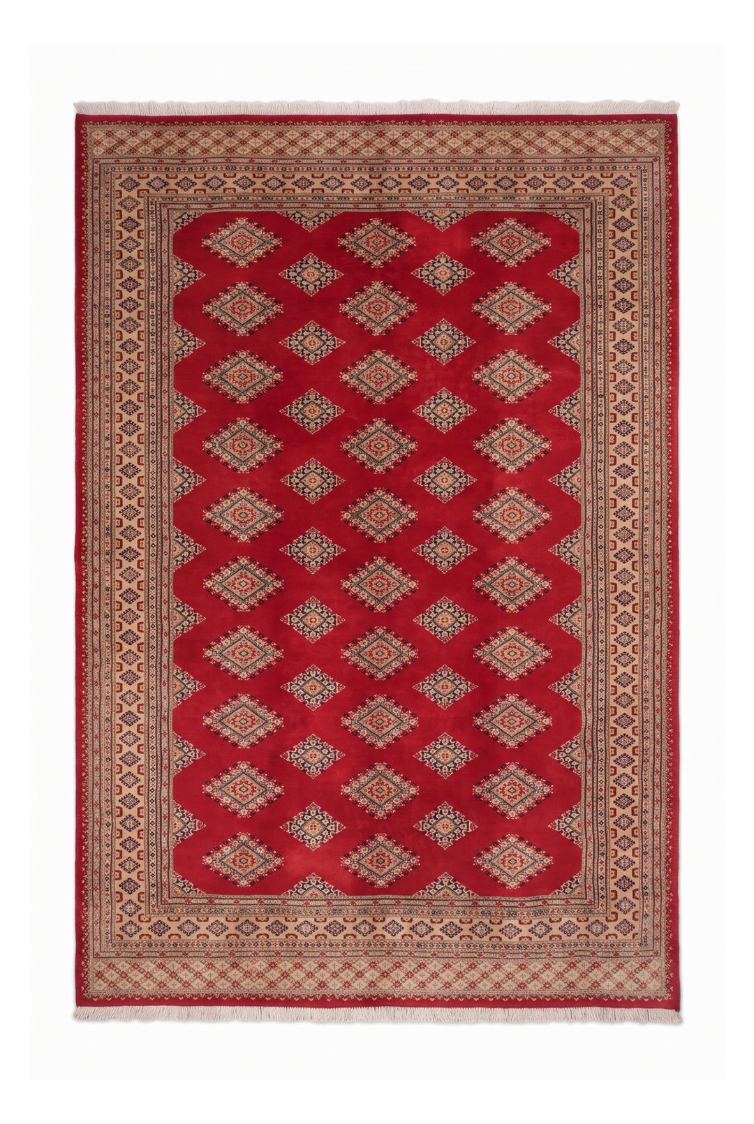 Crimson and Camel Jaldar Diamond Gül, Hand-Knotted Wool and Silk Rug