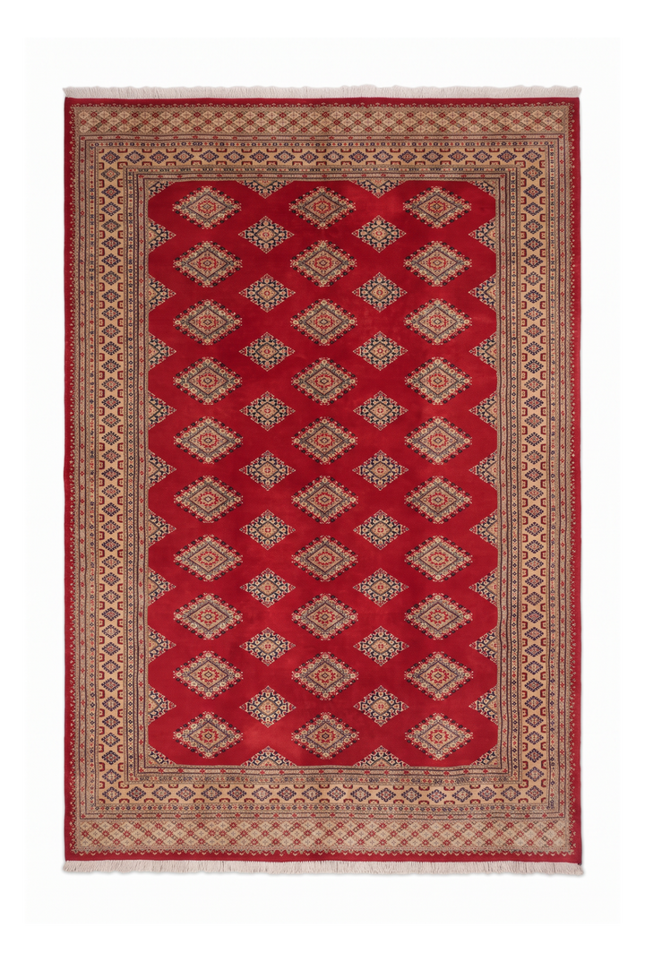 Crimson and Camel Jaldar Diamond Gül, Hand-Knotted Wool and Silk Rug