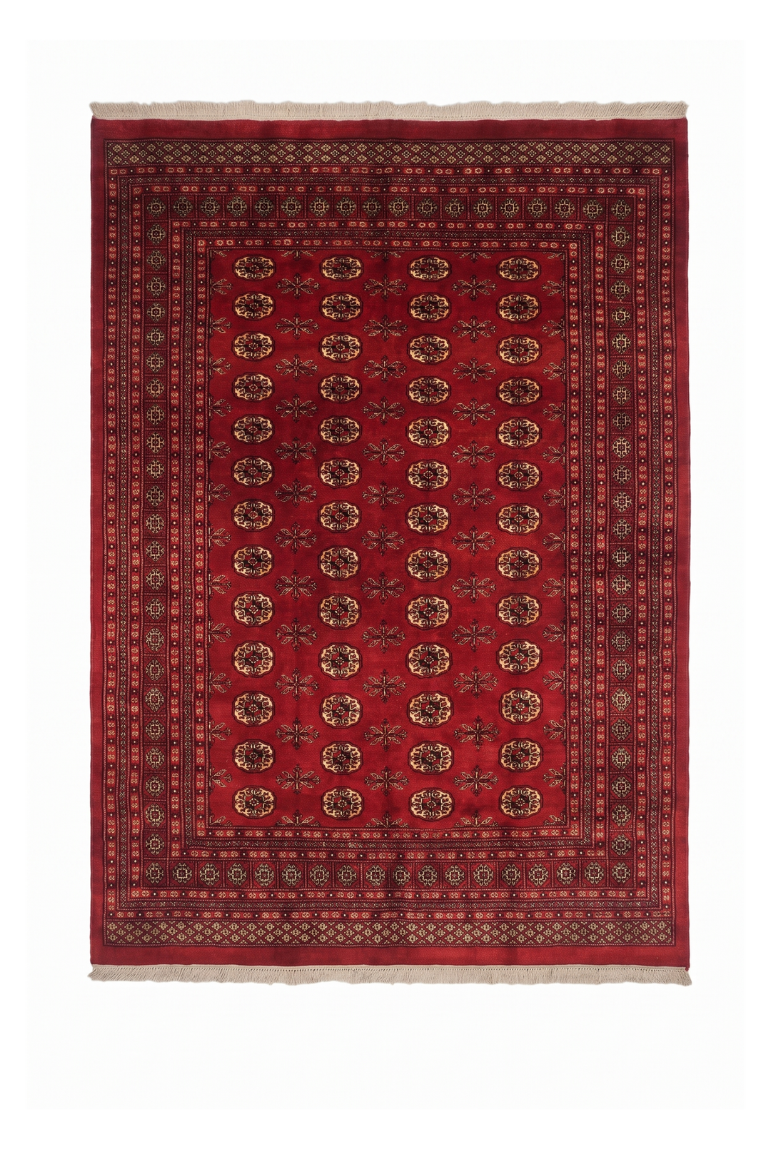 Madder Red and Wheat Gold Turkmen Gül Bokhara, Hand-Knotted Wool Rug