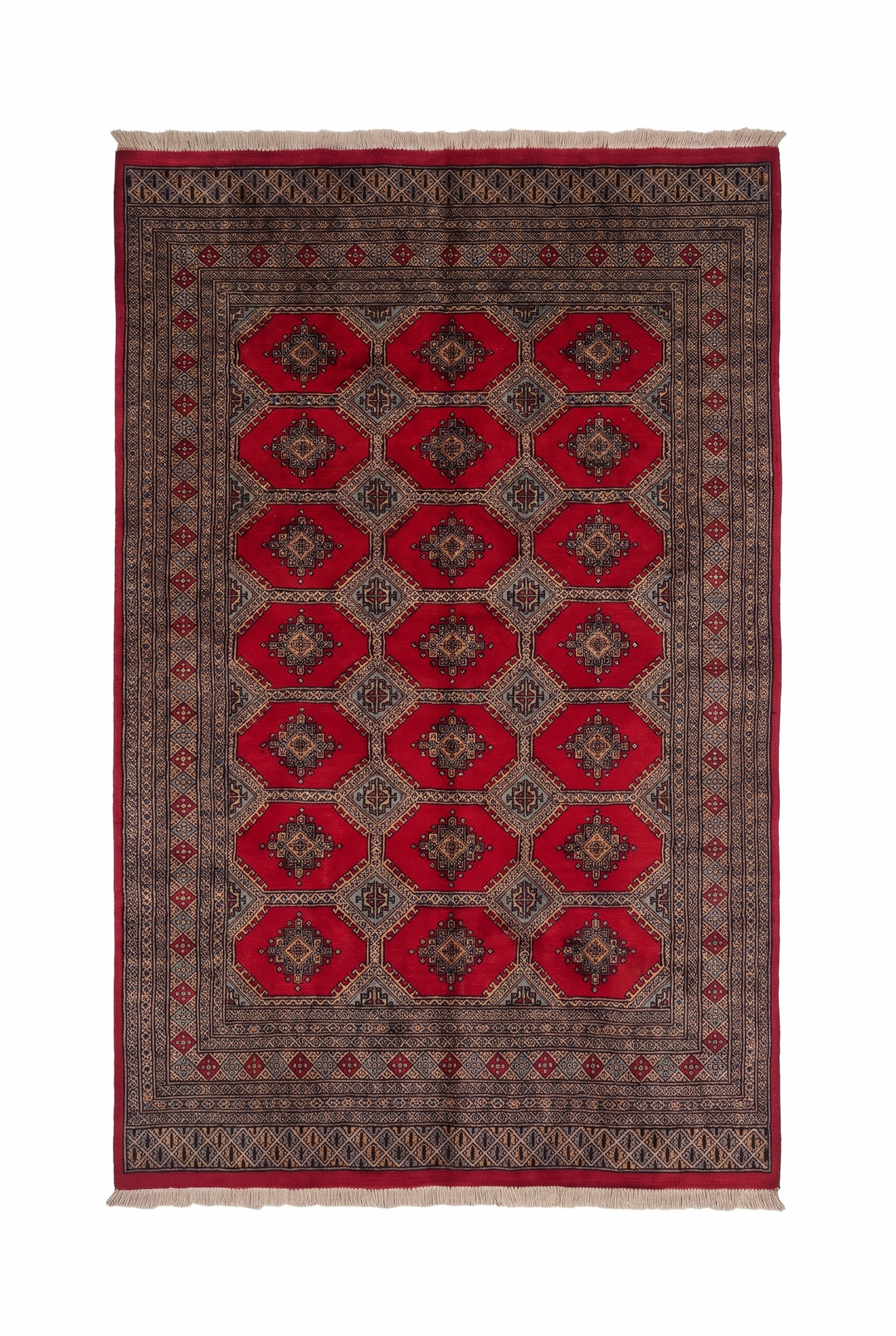 Bright Red and Sand Jaldar Lattice Gül, Hand-Knotted Wool Rug