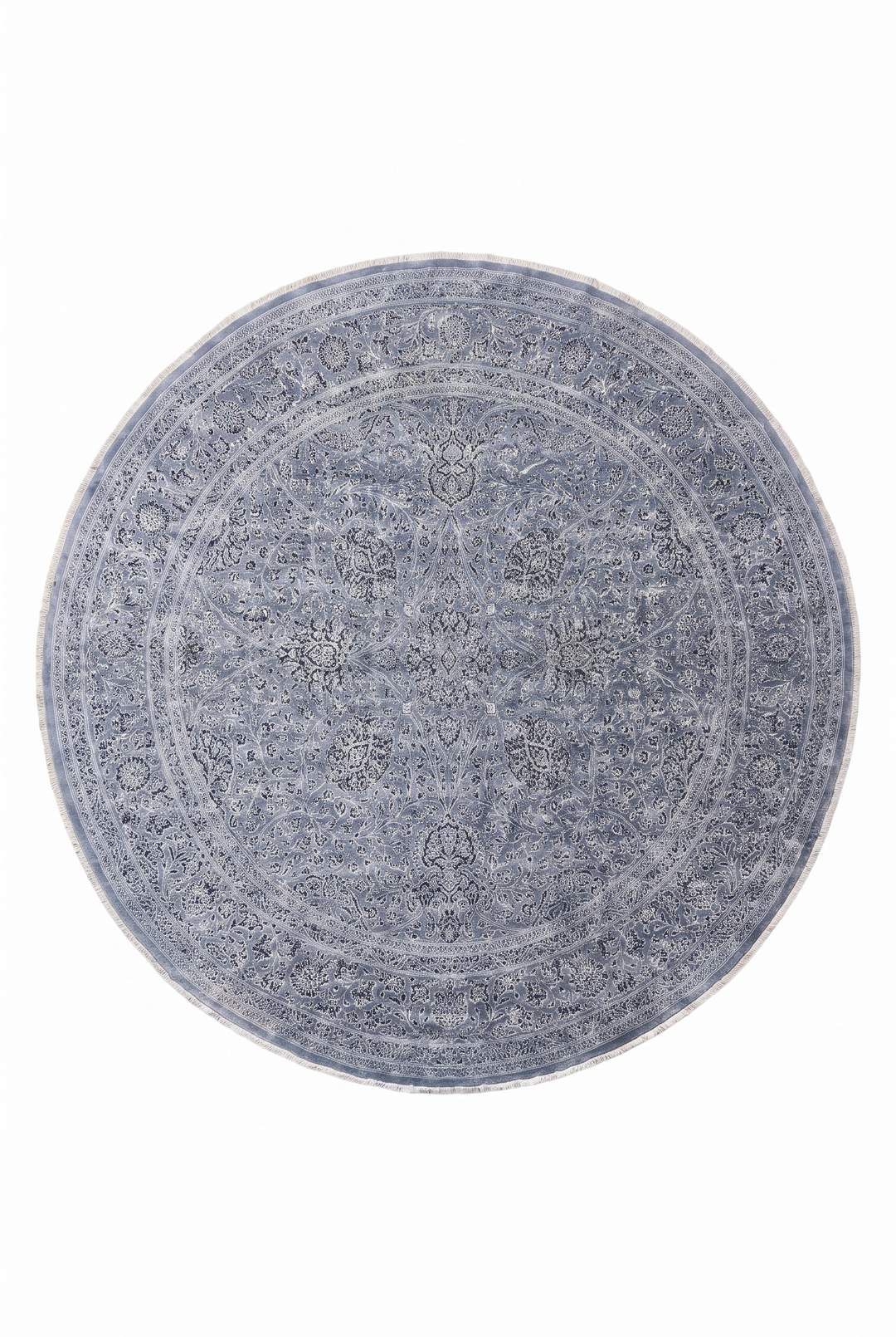 Slate Blue and Silver Floral Round, Hand-Knotted Wool and Silk Rug