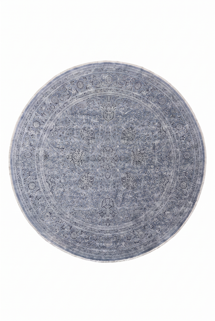 Slate Blue and Silver Floral Round, Hand-Knotted Wool and Silk Rug