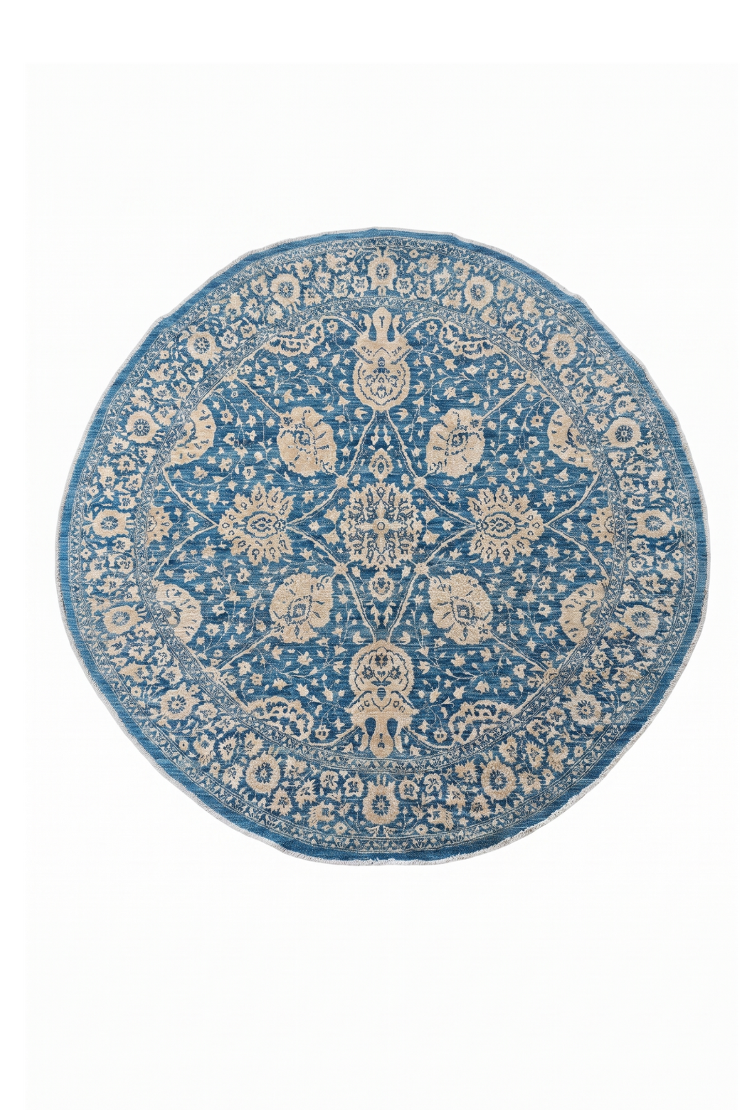 Slate Blue and Cream Radial Floral Round, Hand-Knotted Wool and Silk Rug